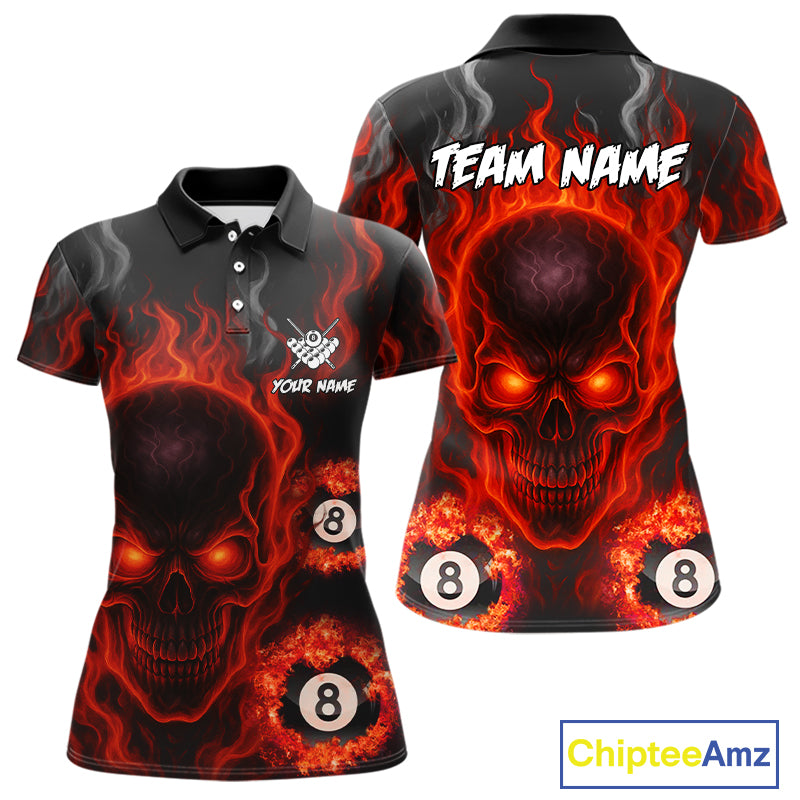 Red Flaming Skull 8 Ball Billiard Shirt For Women Custom Pool Jerseys Team Polo & Quarter Zip TDM4136