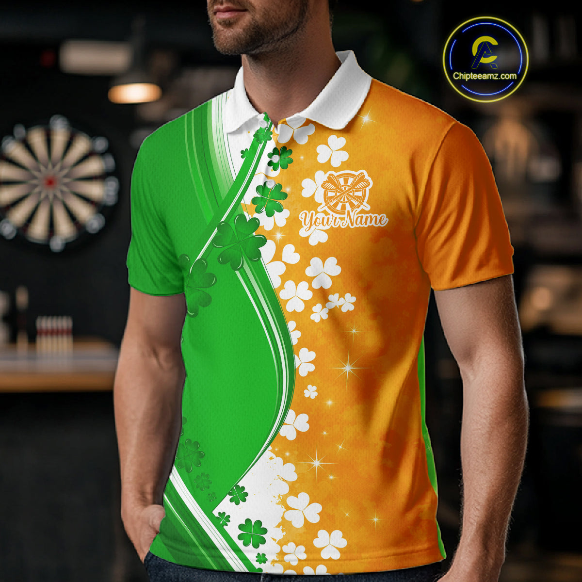 Green And Orange Glowing Shamrock Luckiest Dart Shirts For Men Custom St Patrick Day Darts Jersey TDM4750