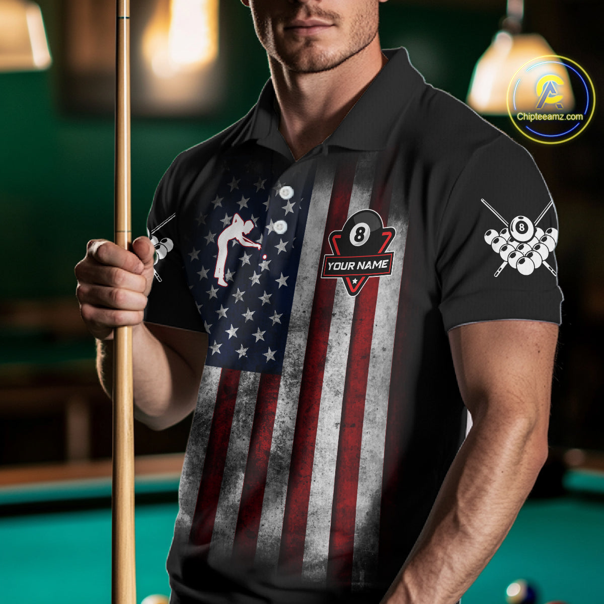 Grunge American Flag Eagle 8 Ball Billiard Polo & 1/4 Zip Custom Men's Patriotic Pool Team Jersey TDM4515
