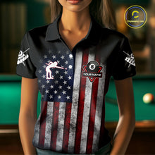 Load image into Gallery viewer, Grunge American Flag Eagle 8 Ball Billiard Polo &amp; 1/4 Zip Custom Women's Patriotic Pool Team Jersey TDM4515