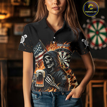 Load image into Gallery viewer, Flaming Grim Reaper Beer Darts Shirt Custom US Flag Darts Polo &amp; Quarter Zip Jerseys For Women TDM4526