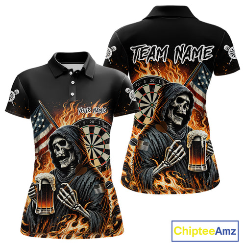 Flaming Grim Reaper Beer Darts Shirt Custom US Flag Darts Polo & Quarter Zip Jerseys For Women TDM4526