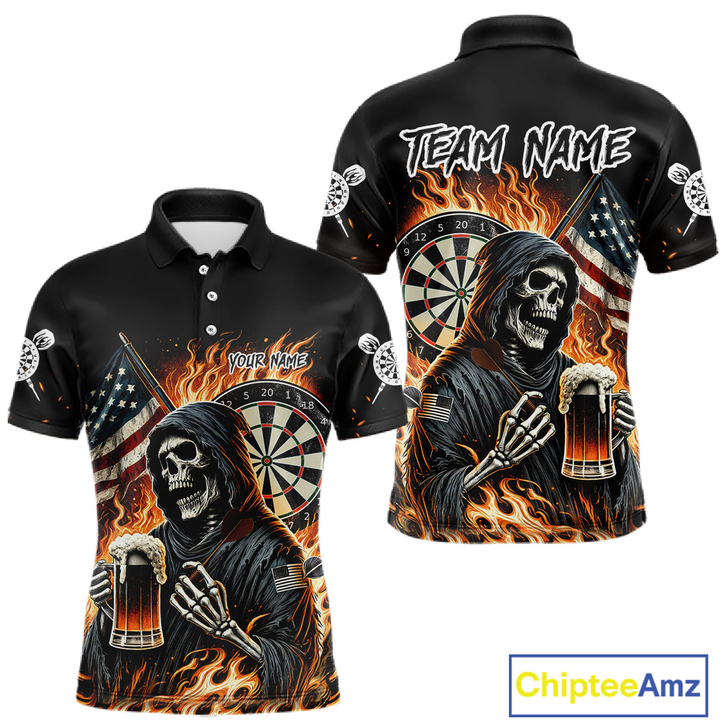 Flaming Grim Reaper Beer Darts Shirt Custom US Flag Darts Polo & Quarter Zip Jerseys For Women TDM4526
