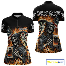 Load image into Gallery viewer, Flaming Grim Reaper Beer Darts Shirt Custom US Flag Darts Polo &amp; Quarter Zip Jerseys For Women TDM4526