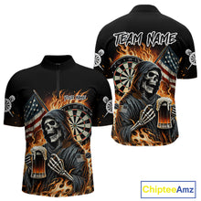Load image into Gallery viewer, Flaming Grim Reaper Beer Darts Shirt Custom US Flag Darts Polo &amp; Quarter Zip Jerseys For Women TDM4526