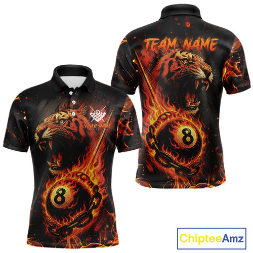 Personalized 8 Ball Chain Flame Tiger Billiard Shirt For Men Custom Pool Jerseys Polo & 1/4 Zip TDM4395