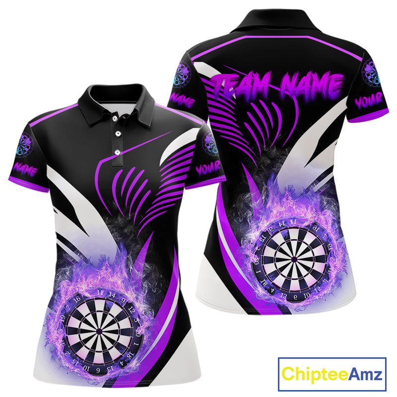 Personalized Purple Flame Dartboard Custom Darts Shirt For Women, Darts Jerseys Team Polo & 1/4 Zip TDM4404