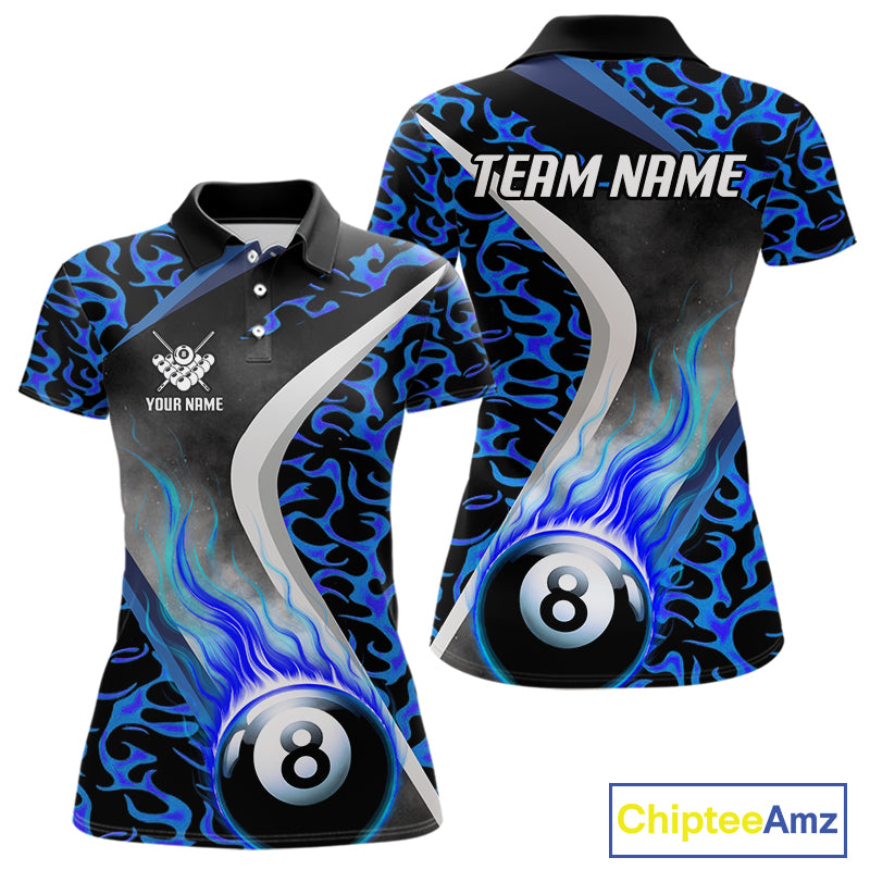 Personalized Flame Blue 8 Ball Pool Billiard Shirt For Women, Billiard Team Jersey Polo & 1/4 Zip TDM4471