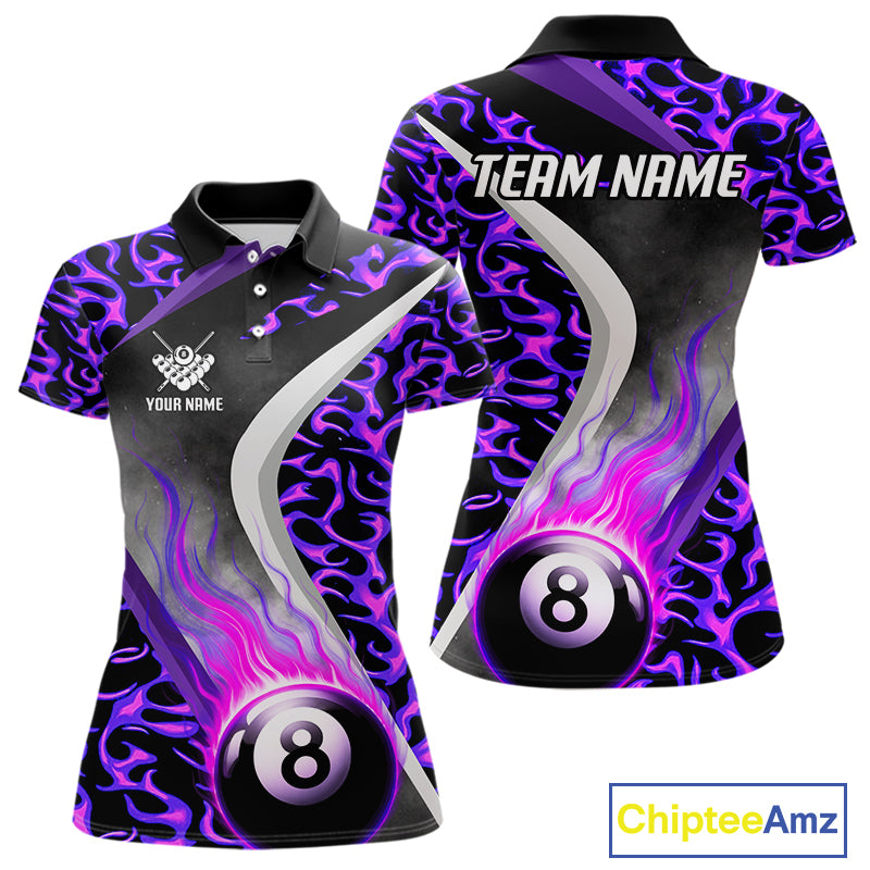 Personalized Flame Purple 8 Ball Pool Billiard Shirt For Women Custom Billiard Team Jerseys TDM4472