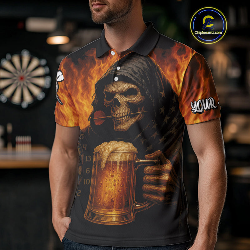 Personalized Funny Grim Reaper & Beer Fire Darts Shirt For Men, Dart Jersey Team Polo & 1/4 Zip TDM4486