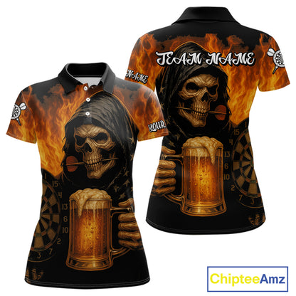 Personalized Funny Grim Reaper & Beer Fire Darts Shirt For Women, Dart Jersey Team Polo & 1/4 Zip TDM4486