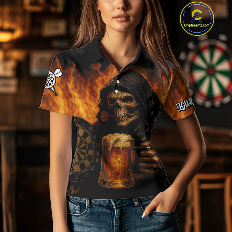 Personalized Funny Grim Reaper & Beer Fire Darts Shirt For Women, Dart Jersey Team Polo & 1/4 Zip TDM4486