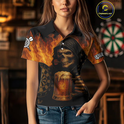 Personalized Funny Grim Reaper & Beer Fire Darts Shirt For Women, Dart Jersey Team Polo & 1/4 Zip TDM4486