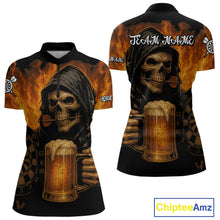 Load image into Gallery viewer, Personalized Funny Death Skeleton &amp; Beer Fire Darts Shirt For Women, Dart Jersey Team Polo &amp; 1/4 Zip TDM4486