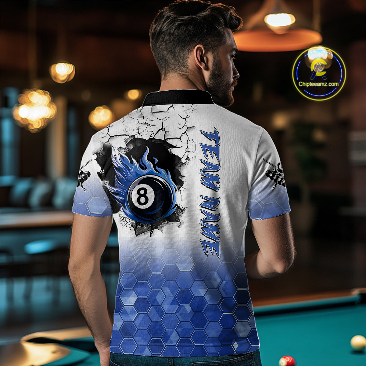 Custom White And Blue Hexagon 8 Ball Flame Billiard Shirt For Men, Funny Pool Team Jersey TDM4552