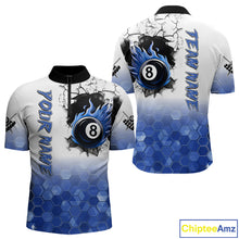 Load image into Gallery viewer, Custom White And Blue Hexagon 8 Ball Flame Billiard Shirt For Men, Funny Pool Team Jersey TDM4552
