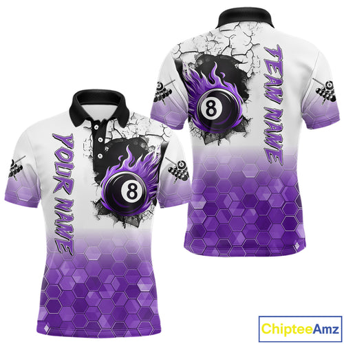 Custom White And Purple Hexagon 8 Ball Flame Billiard Shirt For Men, Funny Pool Team Jersey TDM4553