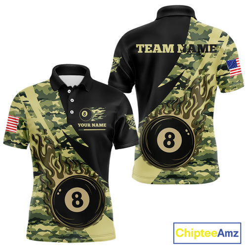 Personalized Flame 8 Ball Pool Military Green Camo Billiard Shirts For Men Custom Pool Team Jersey TDM4187