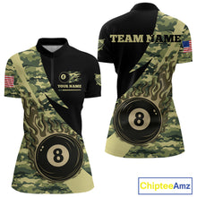Load image into Gallery viewer, Personalized Flame 8 Ball Pool Military Green Camo Billiard Shirts For Women Custom Pool Team Jersey TDM4187