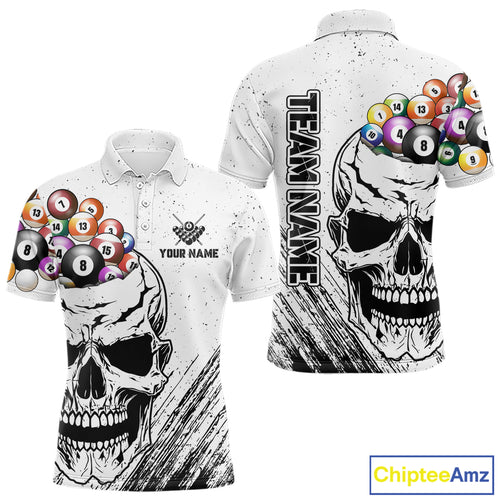 Personalized White Grunge Billiard Balls Skull Pool Shirt For Men, Funny Billiard Team Jersey TDM4578