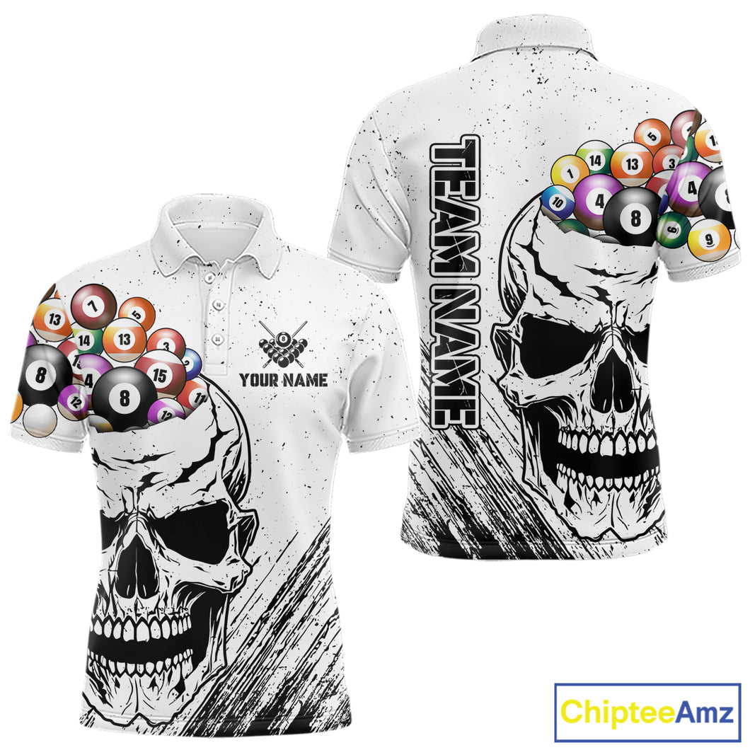 Personalized White Grunge Billiard Balls Skull Pool Shirt For Men, Funny Billiard Team Jersey TDM4578