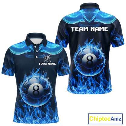 Blue Flaming 8 Ball Pool Billiard Shirts For Men Custom Polo & Quarter Zip Billiard Team Jerseys TDM3999
