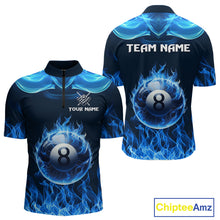 Load image into Gallery viewer, Blue Flaming 8 Ball Pool Billiard Shirts For Men Custom Polo &amp; Quarter Zip Billiard Team Jerseys TDM3999