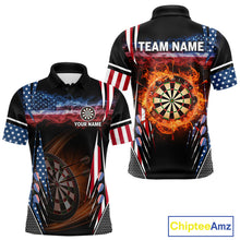 Load image into Gallery viewer, Personalized American Flag Dartboard Fire Flame Darts Shirt For Men, Patriotic Darts League Jersey TDM4796