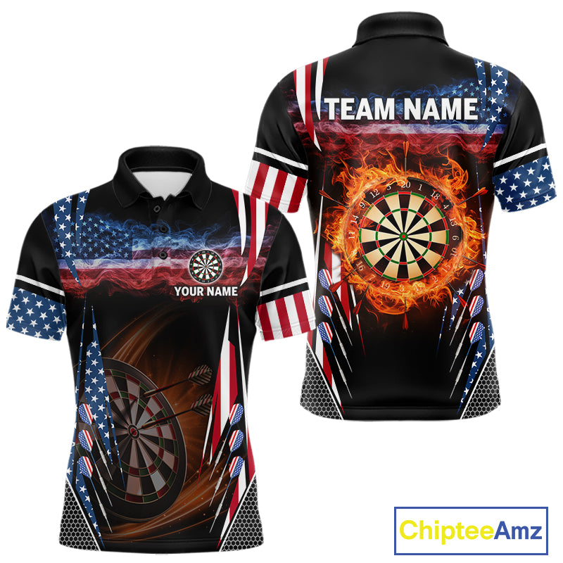 Personalized American Flag Dartboard Fire Flame Darts Shirt For Men, Patriotic Darts League Jersey TDM4796