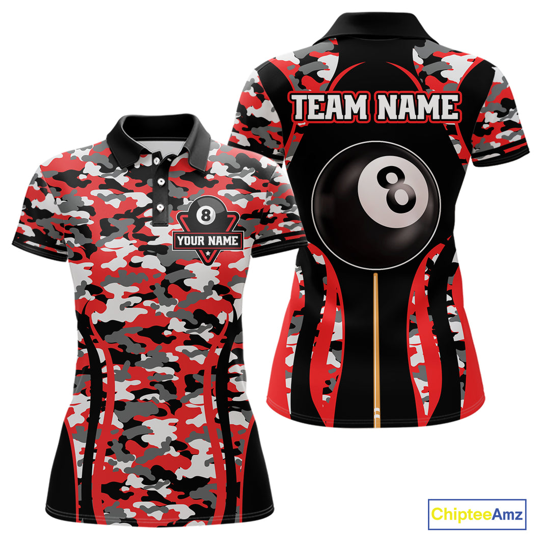 Custom Red Camouflage 8 Ball Pool Billiard Shirt For Women, Billiard Jersey Outfit, Pool Team Shirt TDM4204