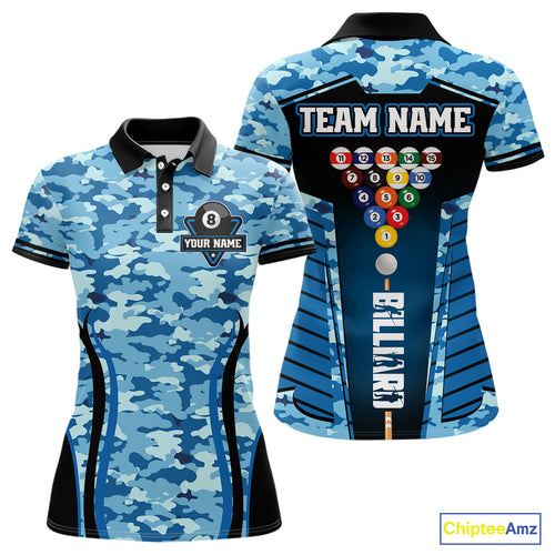 Custom Blue Camouflage 8 Ball Pool Billiard Shirt For Women, Billiard Jersey Outfit, Pool Team Shirt TDM4205