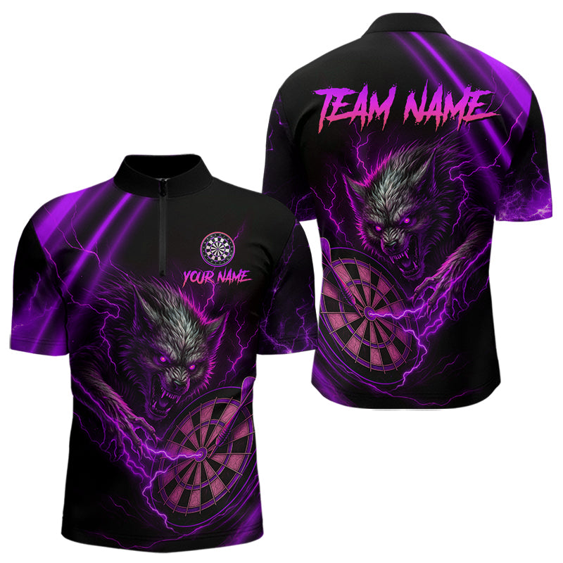 Personalized Purple Thunder Lightning Wolf Darts Shirt For Men, Darts Team Jersey Polo & 1/4 Zip TDM4384