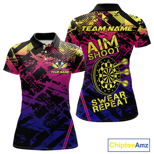 Purple Pink Yellow Grunge Aim Shoot Swear Repeat Dart Shirt For Women Custom Funny Darts Team Jersey TDM4034