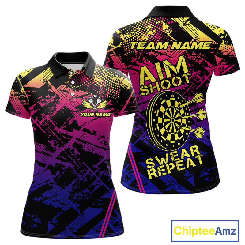 Purple Pink Yellow Grunge Aim Shoot Swear Repeat Dart Shirt For Women Custom Funny Darts Team Jersey TDM4034