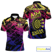 Load image into Gallery viewer, Purple Pink Yellow Grunge Aim Shoot Swear Repeat Dart Shirt For Men Custom Funny Darts Team Jersey TDM4034