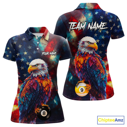 Custom Colorful Eagle 8 Ball & 9 Ball Billiard Shirt For Women, Patriotic US Flag Pool Team Jersey TDM4238