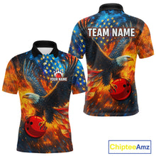 Load image into Gallery viewer, Personalized Orange Flaming American Flag Bowling Shirt For Men Custom Eagle Bowling Team Jersey TDM4642