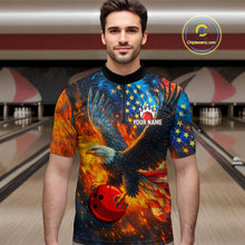 Load image into Gallery viewer, Personalized Orange Flaming American Flag Bowling Shirt For Men Custom Eagle Bowling Team Jersey TDM4642