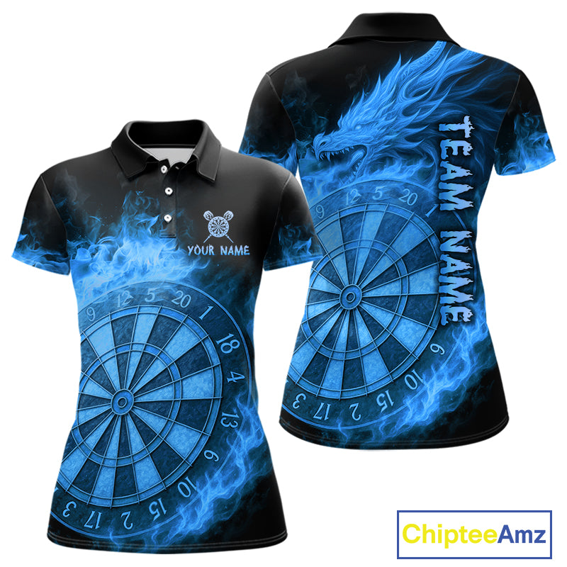 Personalized Blue Dartboard Dragon Flame Darts Shirt For Women Custom Dart Jerseys Polo & 1/4 Zip TDM4070