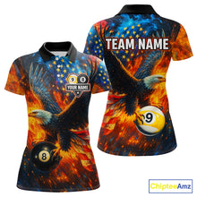 Load image into Gallery viewer, Personalized Orange Flaming US Flag 8 Ball &amp; 9 Ball Eagle Billiard Shirt For Women, Pool Team Jersey TDM4259