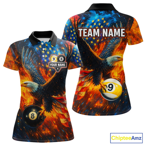 Personalized Orange Flaming US Flag 8 Ball & 9 Ball Eagle Billiard Shirt For Women, Pool Team Jersey TDM4259