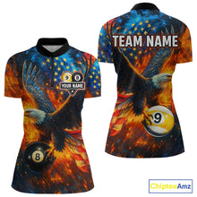 Load image into Gallery viewer, Personalized Orange Flaming US Flag 8 Ball &amp; 9 Ball Eagle Billiard Shirt For Women, Pool Team Jersey TDM4259