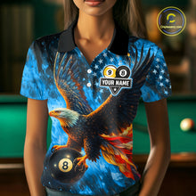 Load image into Gallery viewer, Personalized Blue Flaming US Flag 8 Ball &amp; 9 Ball Eagle Billiard Shirt For Women, Pool Team Jersey TDM4260
