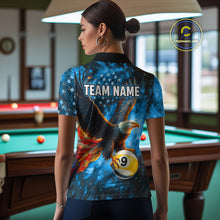 Load image into Gallery viewer, Personalized Blue Flaming US Flag 8 Ball &amp; 9 Ball Eagle Billiard Shirt For Women, Pool Team Jersey TDM4260