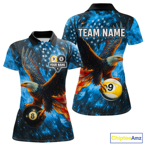 Personalized Blue Flaming US Flag 8 Ball & 9 Ball Eagle Billiard Shirt For Women, Pool Team Jersey TDM4260