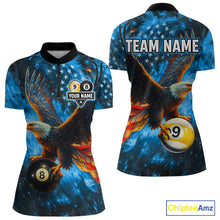 Load image into Gallery viewer, Personalized Blue Flaming US Flag 8 Ball &amp; 9 Ball Eagle Billiard Shirt For Women, Pool Team Jersey TDM4260
