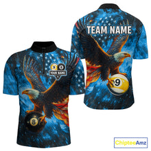 Load image into Gallery viewer, Personalized Blue Flaming US Flag 8 Ball &amp; 9 Ball Eagle Billiard Shirt For Men, Pool Team Jersey TDM4260