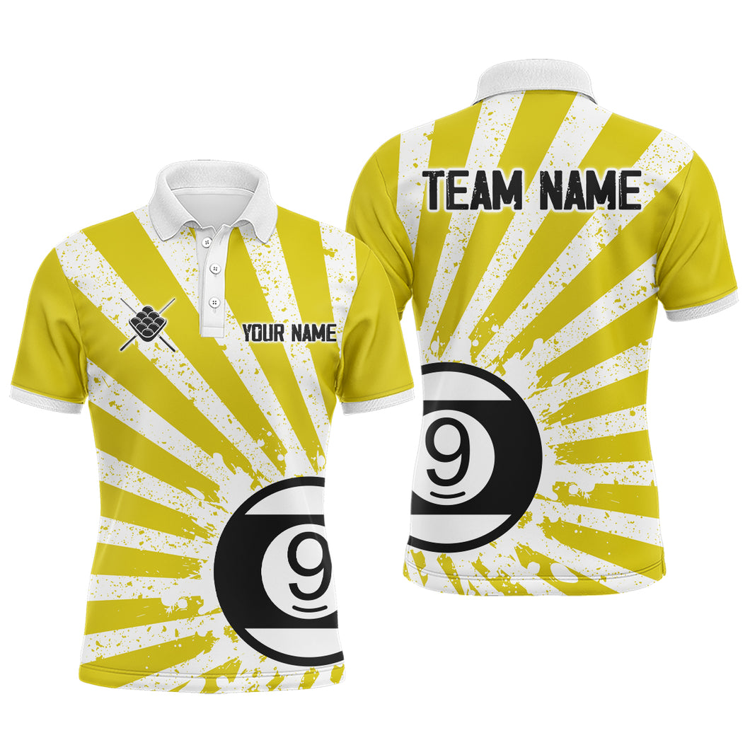Funny Grunge Billiard 9 Ball Men Polo & Quarter-Zip Shirts Custom Yellow 9 Ball Pool Jerseys Attire TDM1881
