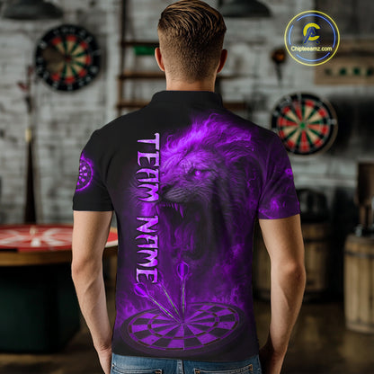 Personalized Fire Flame Lion Darts Shirt For Men Custom Purple Darts League Jersey Polo & 1/4 Zip TDM4679