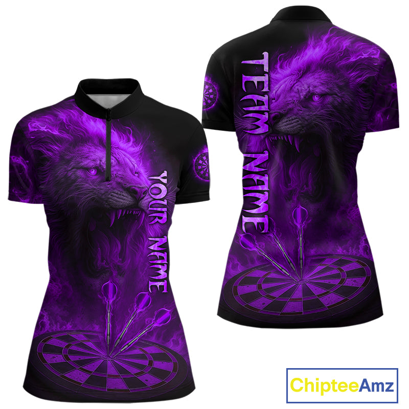 Personalized Fire Flame Lion Darts Shirt For Women Custom Purple Darts League Jersey Polo & 1/4 Zip TDM4679